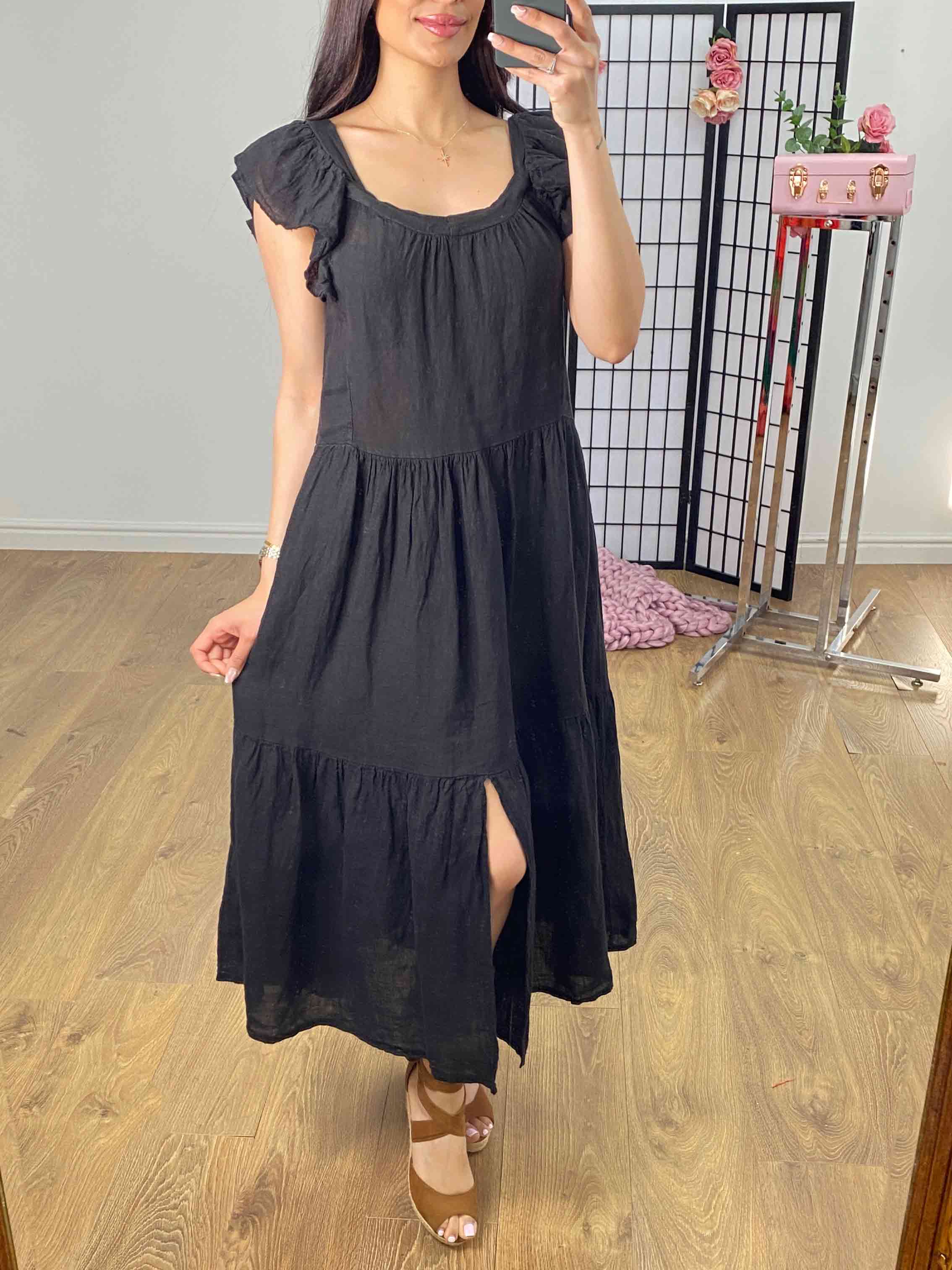 Xana Ruffle Sleeve Tiered Linen Dress