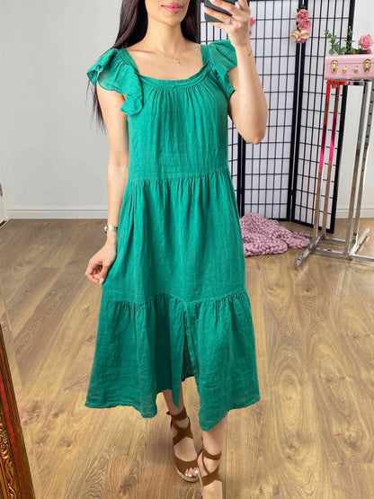 Xana Ruffle Sleeve Tiered Linen Dress