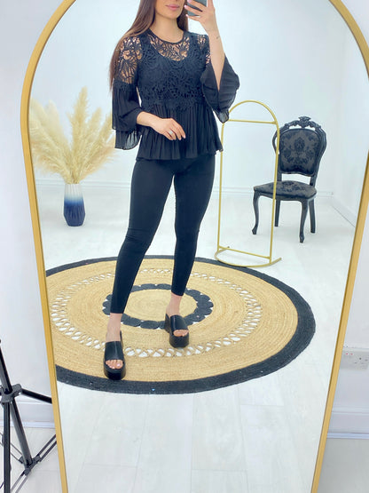 Nicole Crochet Pleated Flared Sleeve Loose Fit Blouse