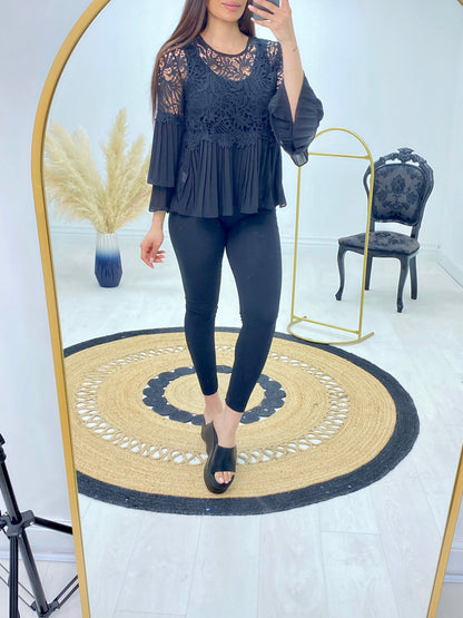 Nicole Crochet Pleated Flared Sleeve Loose Fit Blouse