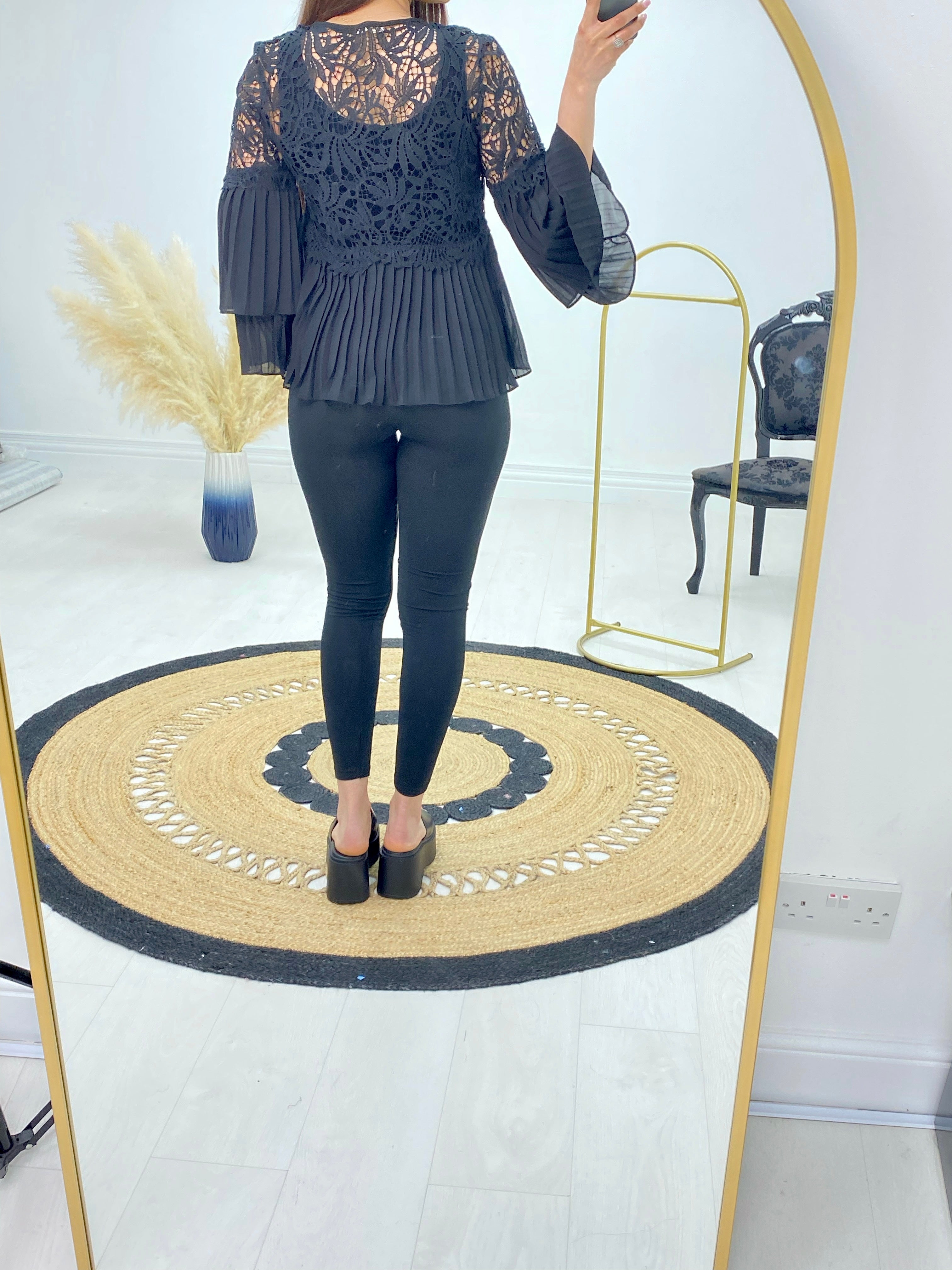 Nicole Crochet Pleated Flared Sleeve Loose Fit Blouse