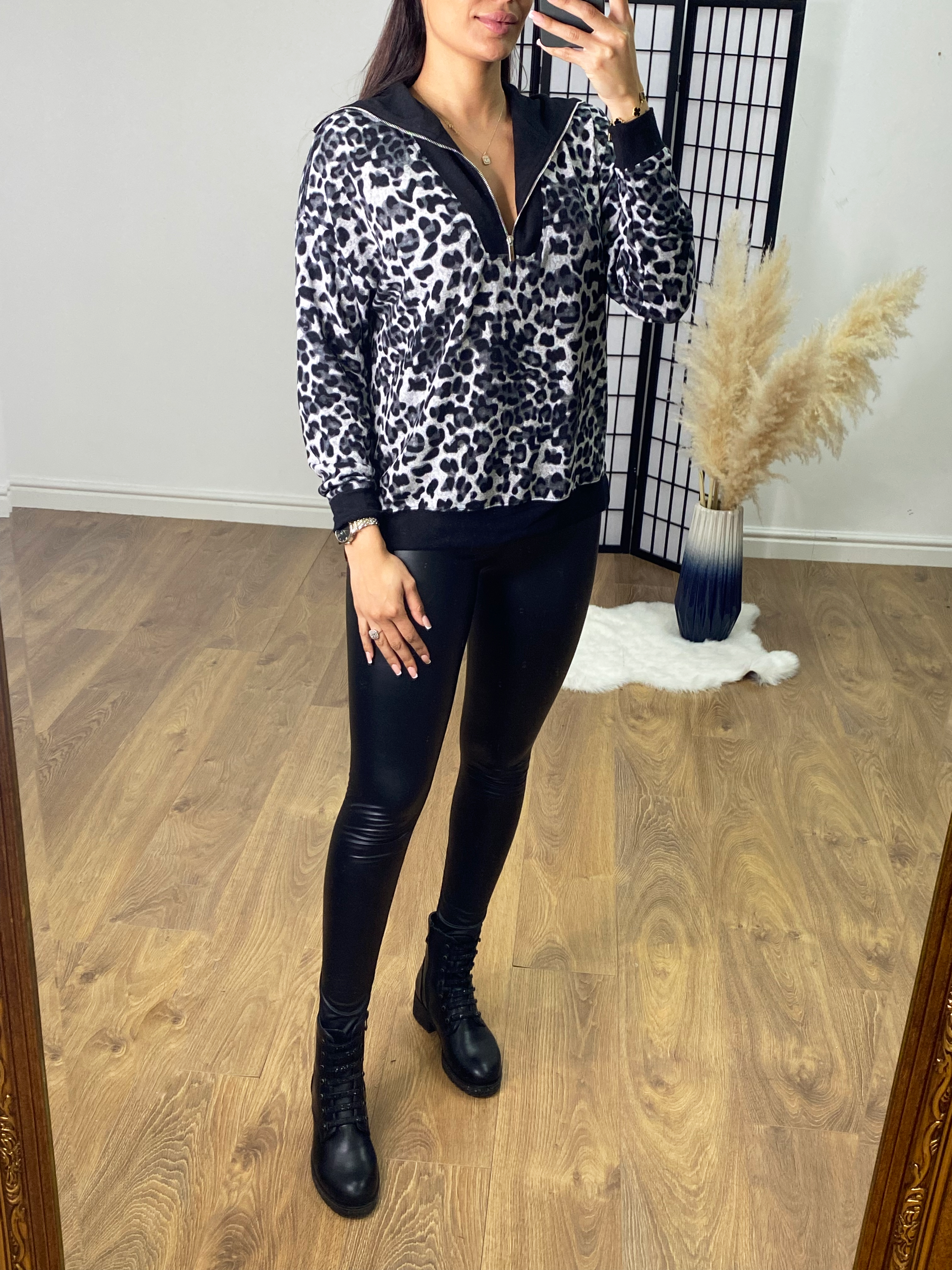 Bertha Grey Leopard Print Zip Jumper