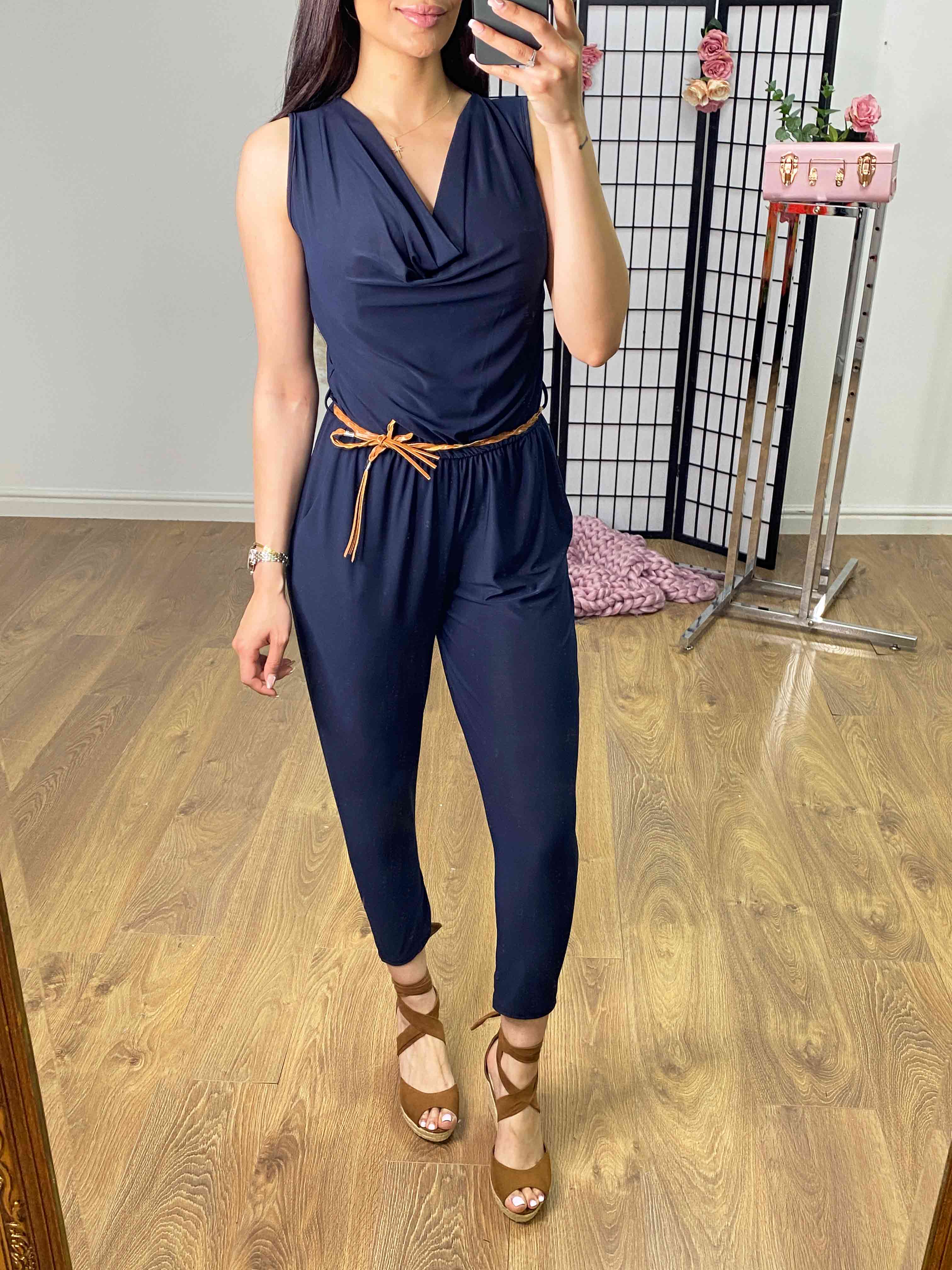 Lunita Stretch Drape Neck Belted Jumpsuit