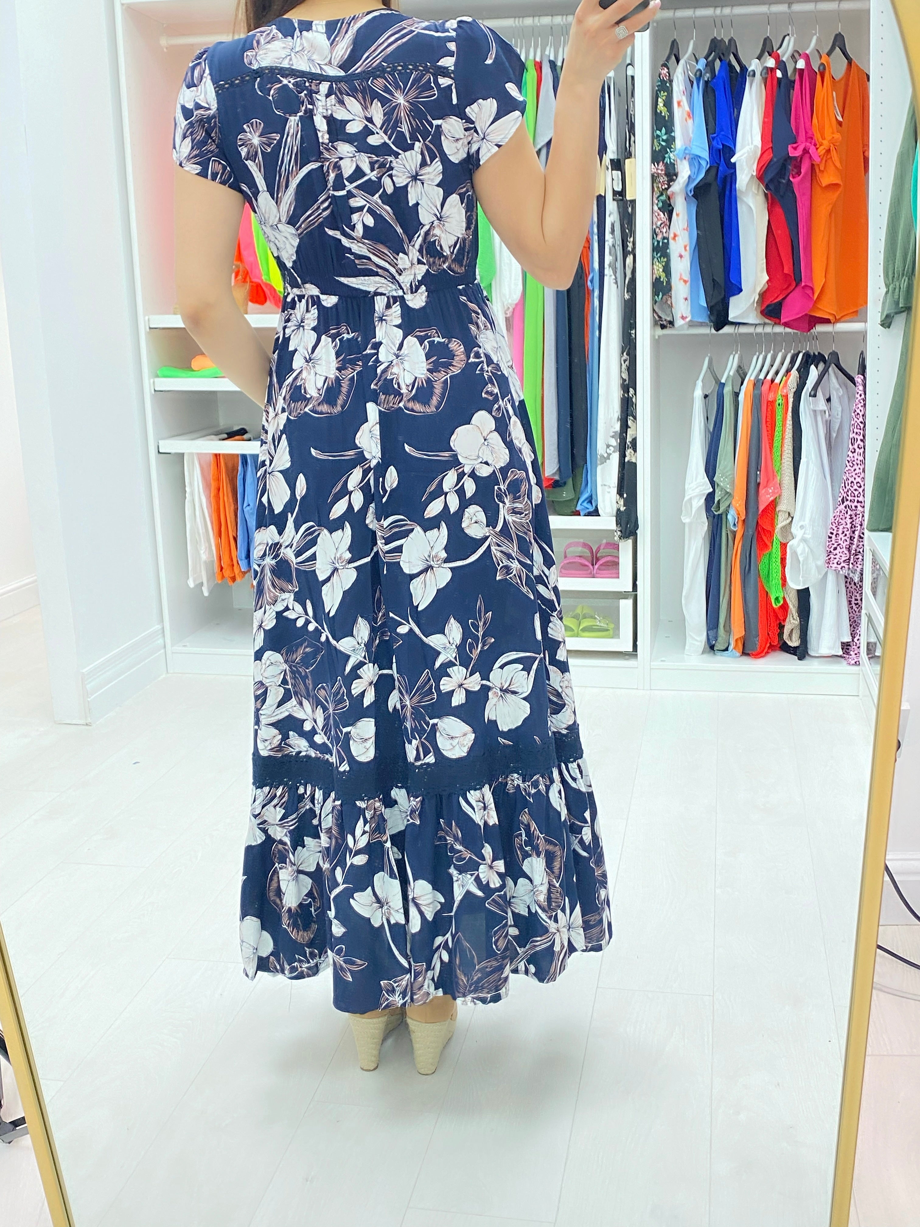 Sparta Navy Floral Ruffle Hem Maxi Dress