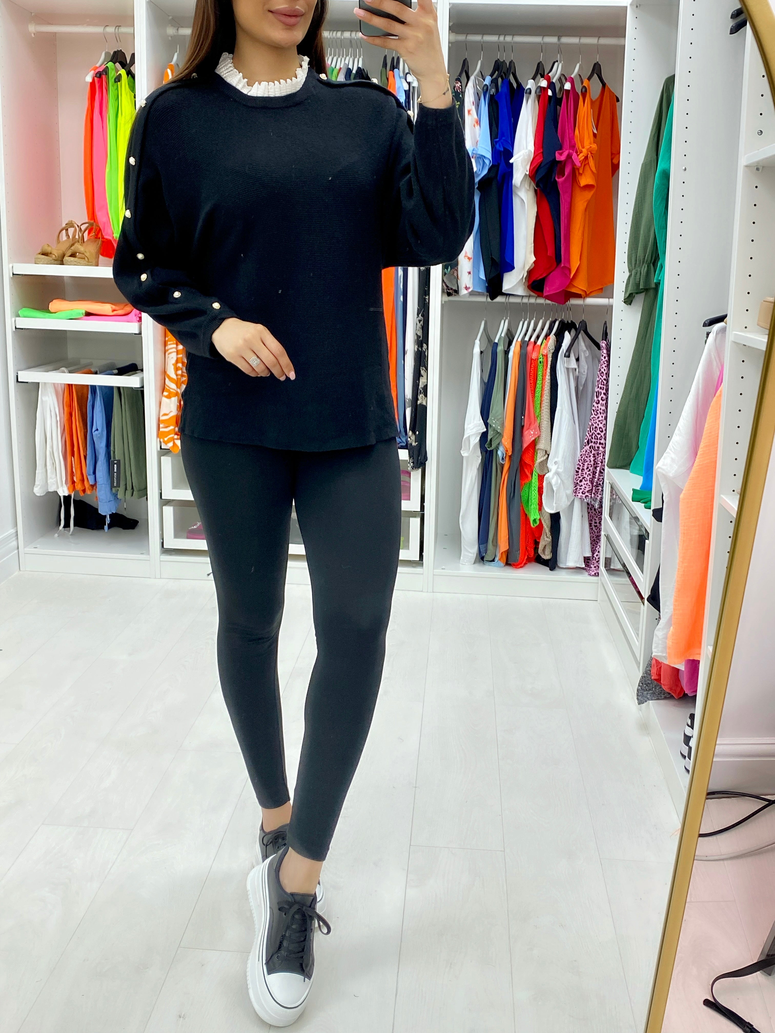 Junior Crochet Collar Ribbed Pearl Arm Knitted Jumper