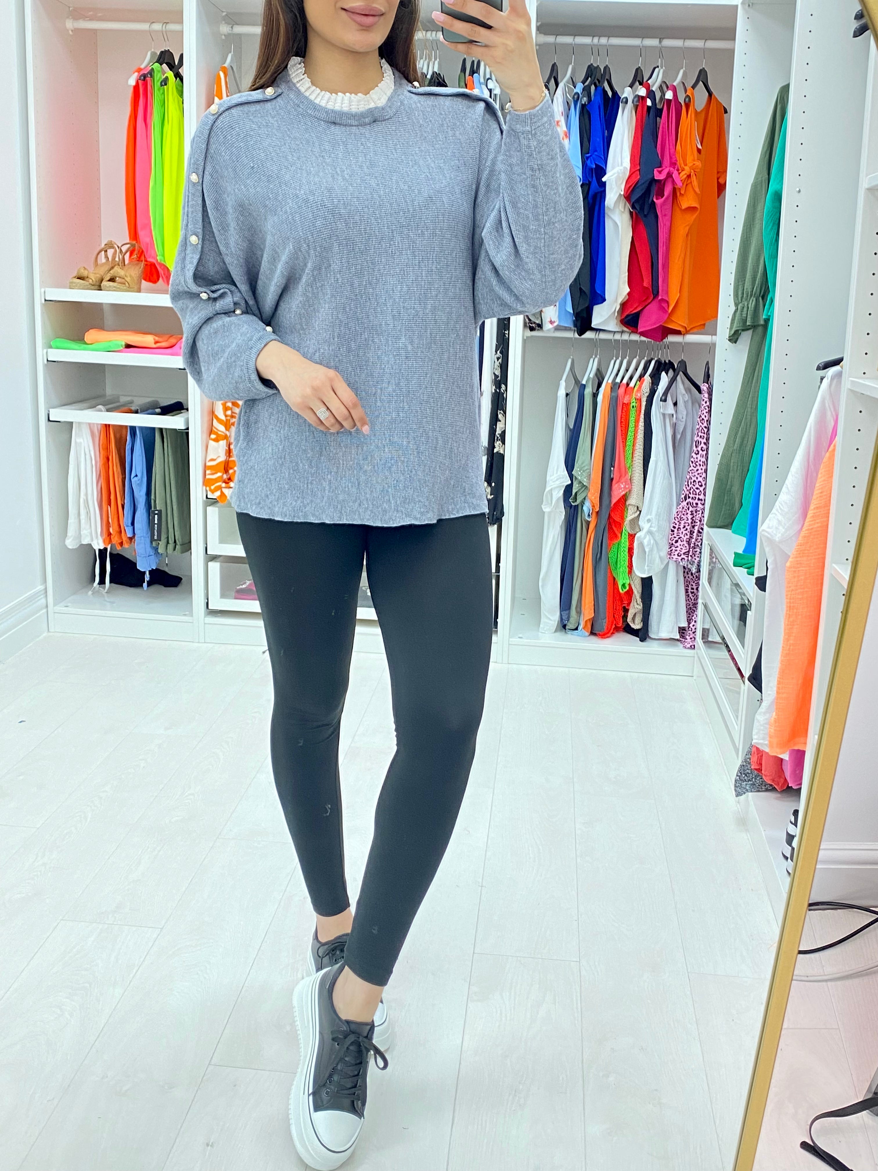 Junior Crochet Collar Ribbed Pearl Arm Knitted Jumper