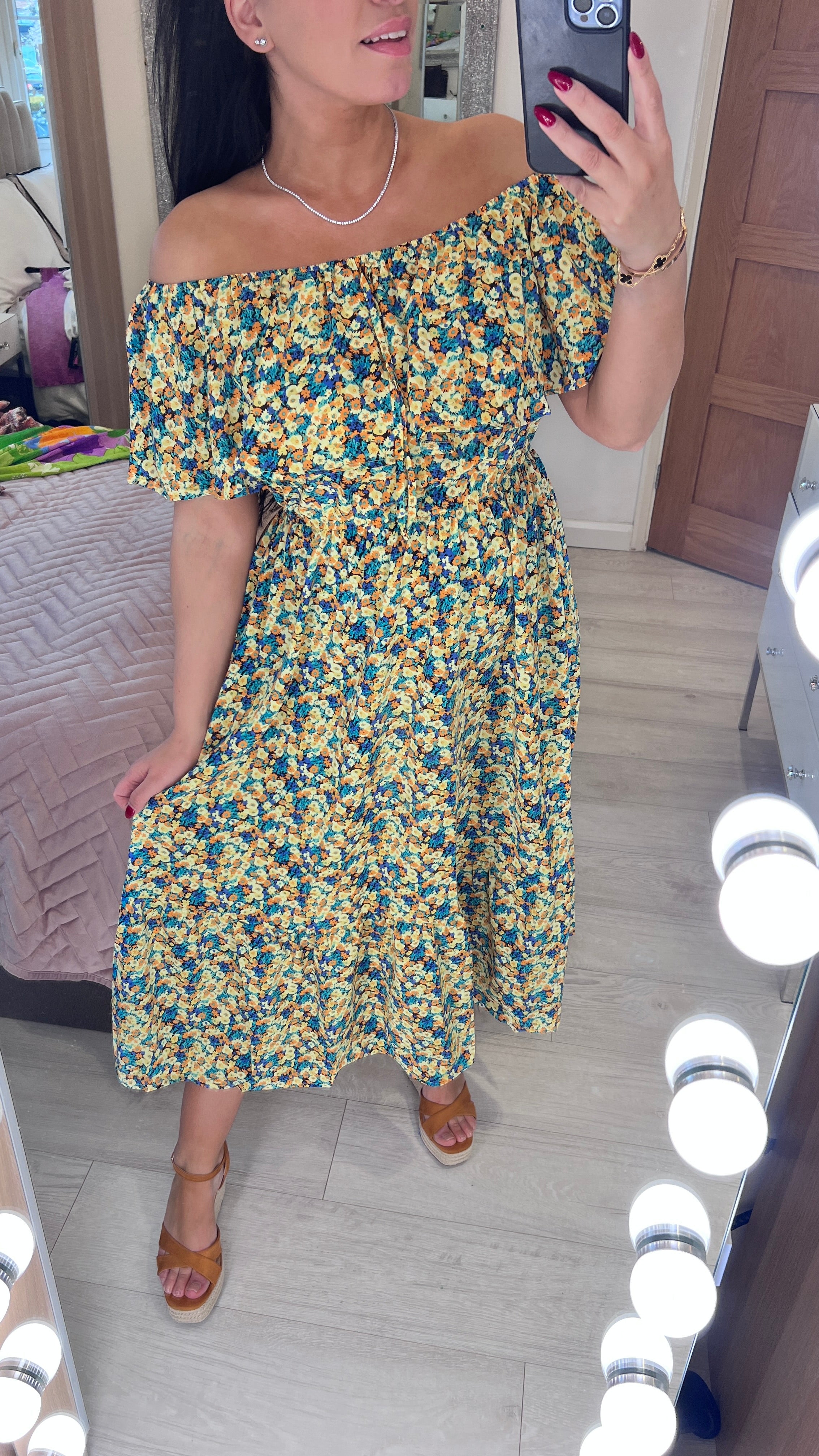 Neeko Floral Print Bardot Frill Dress