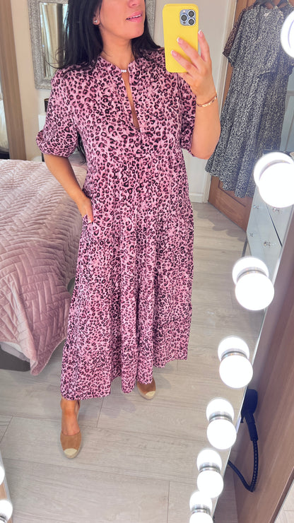 Acorn Leopard Print 3/4 Sleeve Smock Maxi Dress