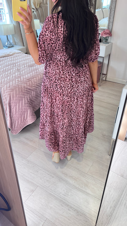 Acorn Leopard Print 3/4 Sleeve Smock Maxi Dress