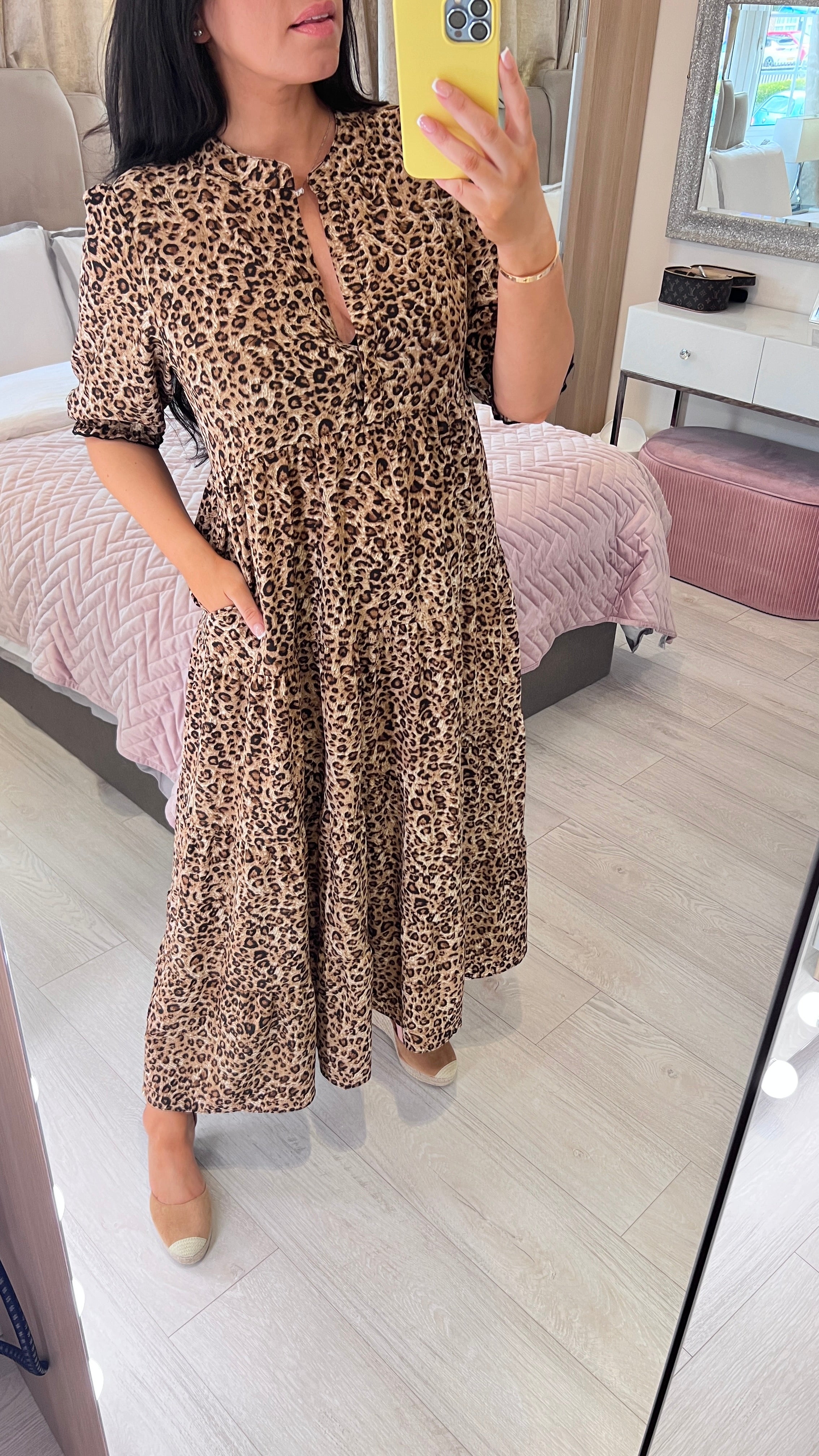 Acorn Leopard Print 3/4 Sleeve Smock Maxi Dress