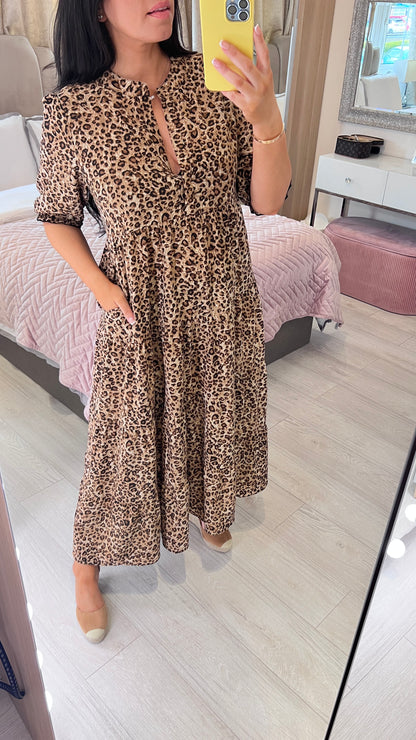 Acorn Leopard Print 3/4 Sleeve Smock Maxi Dress