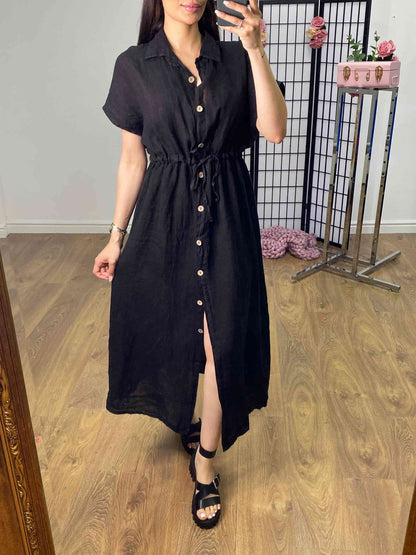 Cleris Plain Linen Button Front Dress
