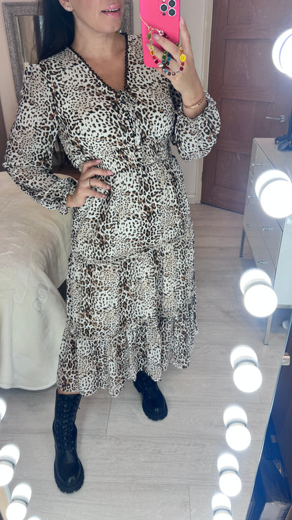 Lyrah Leopard Print Lace Front Tiered Hem Dress