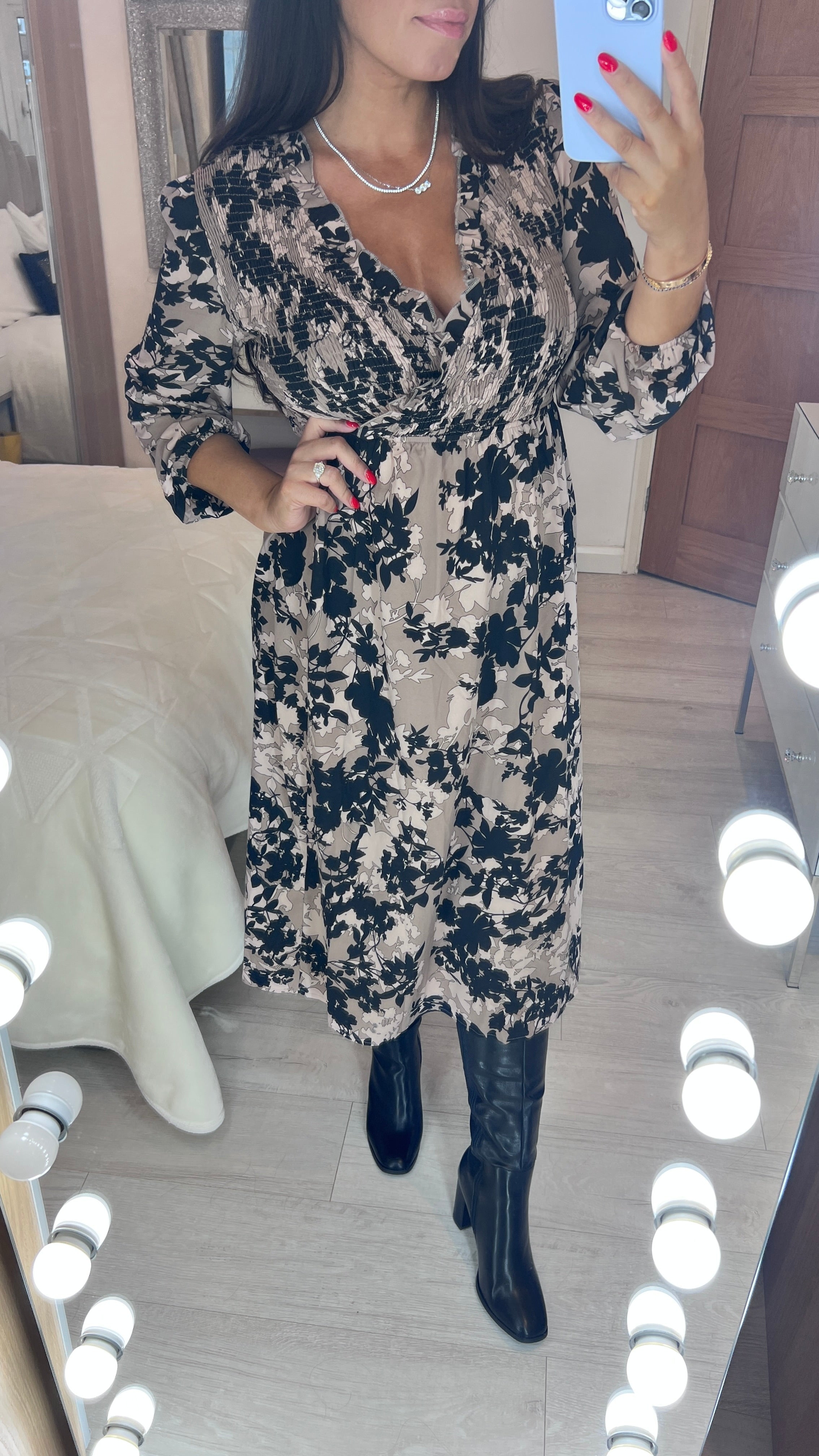 Kelis Taupe Leaf Print Shirred Dress