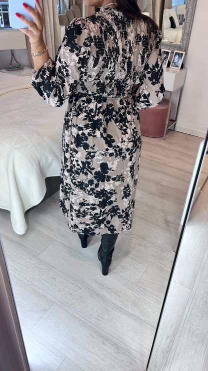 Kelis Taupe Leaf Print Shirred Dress