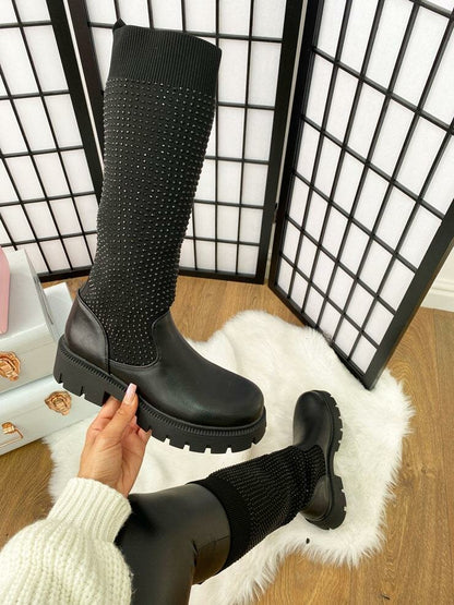 Abena Black Studded Faux Leather Sock Boots