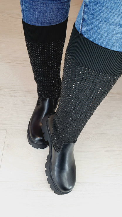 Abena Black Studded Faux Leather Sock Boots