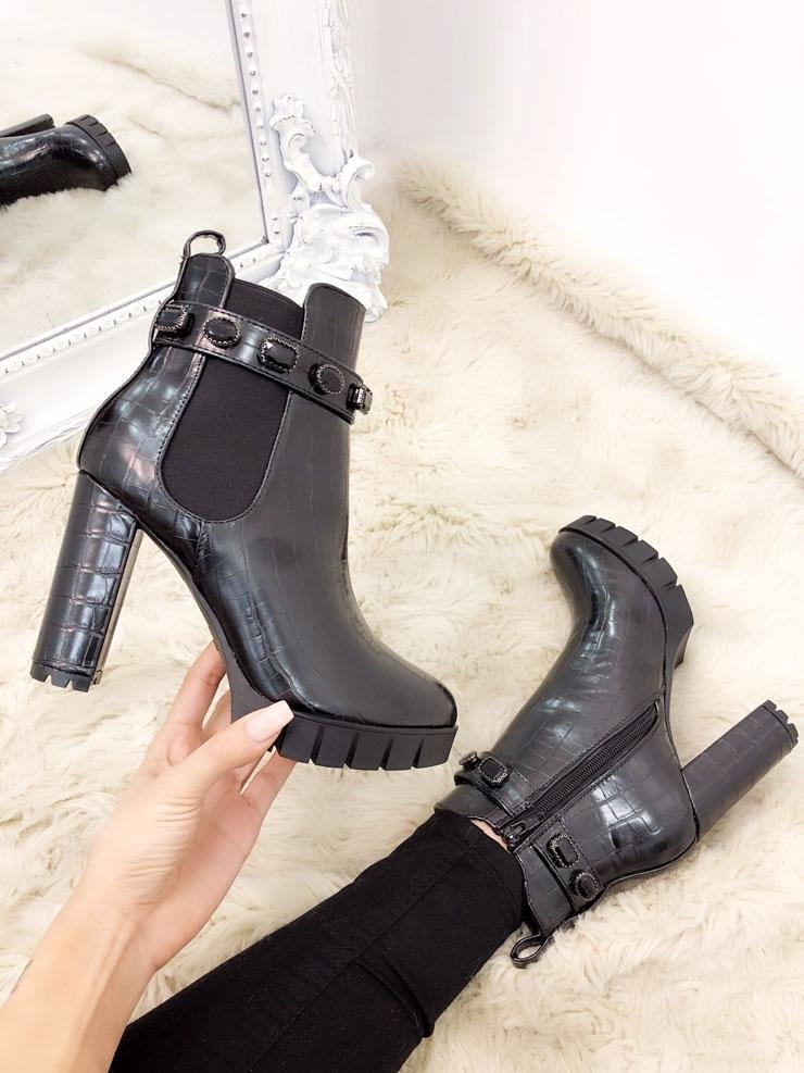 Adalia Black Croc Effect Chunky Jewel Boots