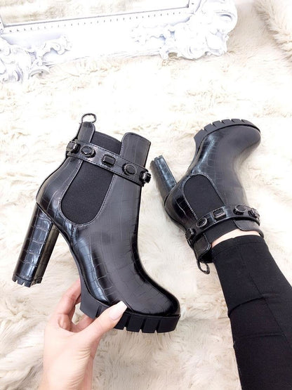 Adalia Black Croc Effect Chunky Jewel Boots