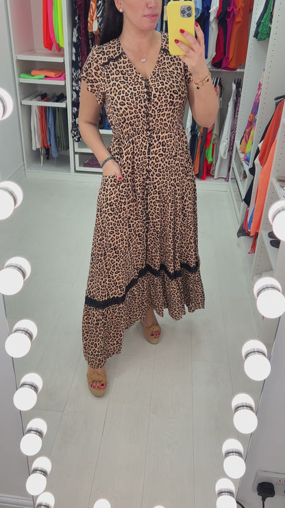 Leonora Leopard Print Ruffle Hem Maxi Dress