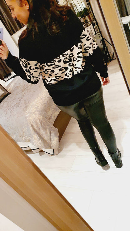 Aiden Leopard Panel V-neck Knitted Jumper