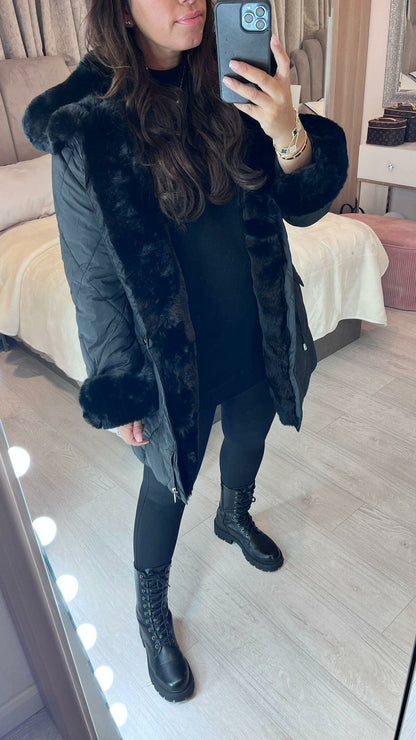 Alice Black Faux Fur Detail Quilted Coat