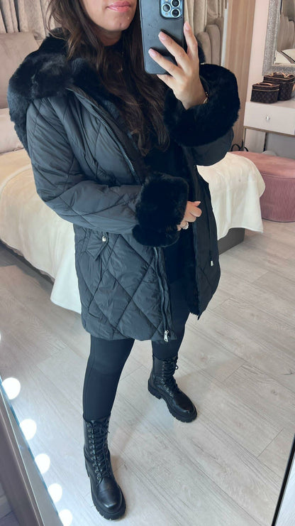 Alice Black Faux Fur Detail Quilted Coat