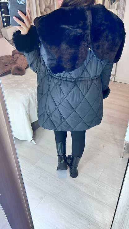 Alice Black Faux Fur Detail Quilted Coat
