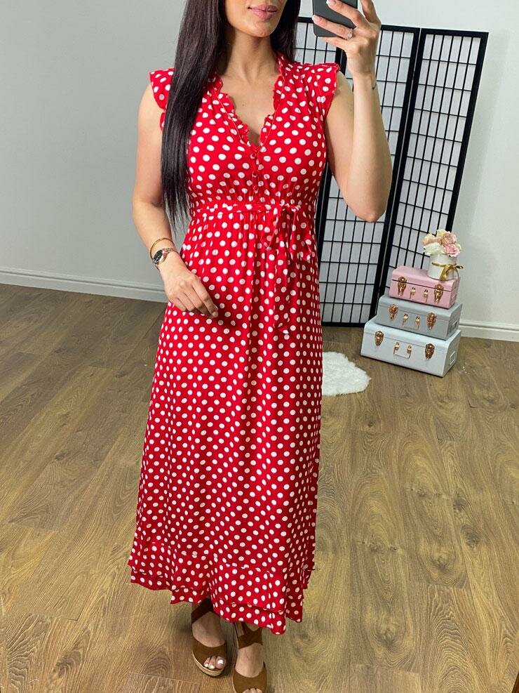Altonio Red Polka Dot Tie Waist Maxi Dress