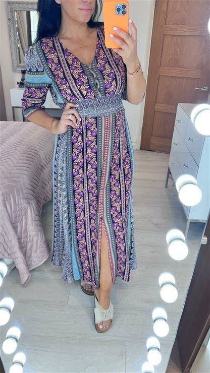 Anavrin Paisley Print Split Front Dress