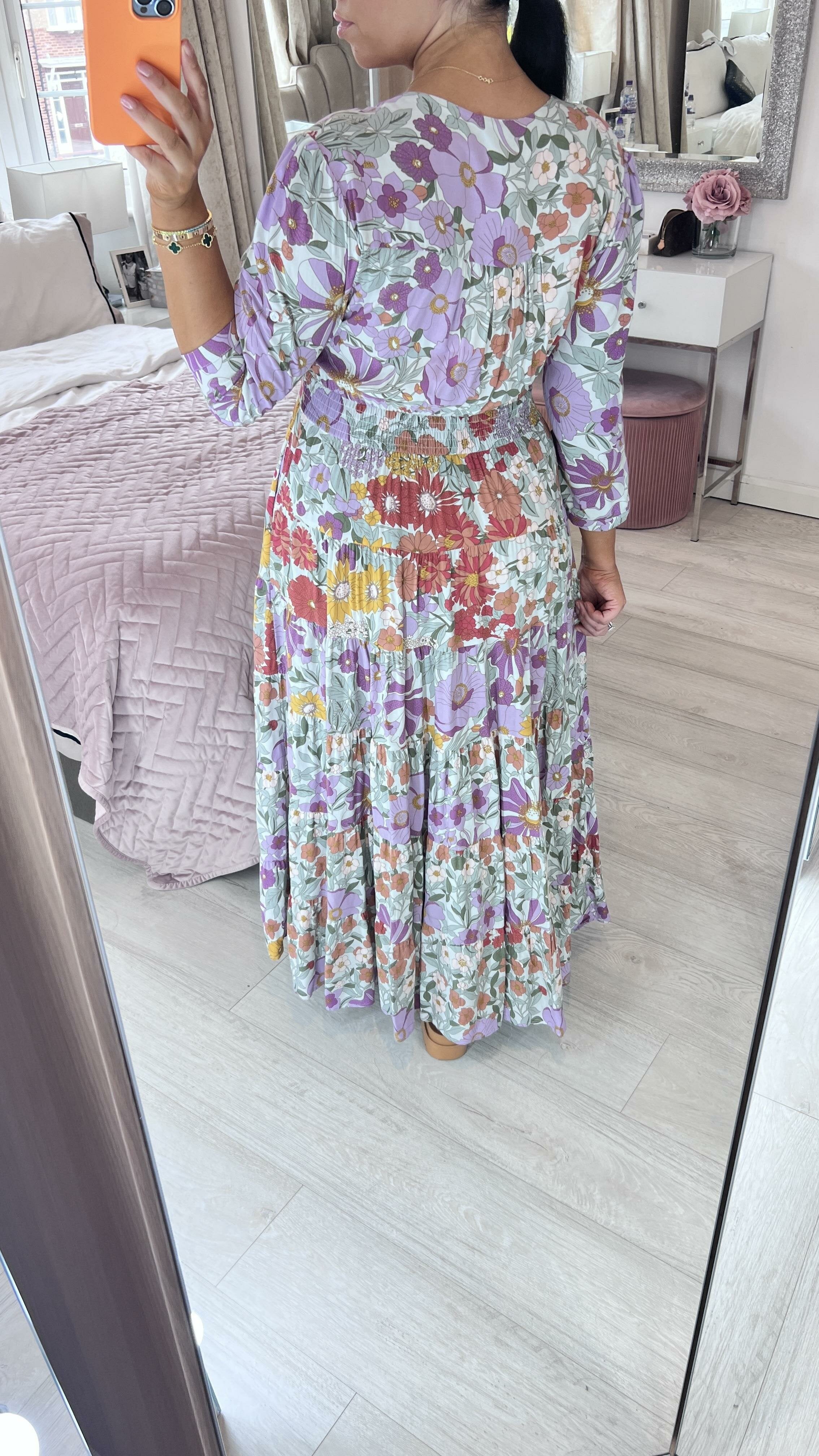 Andriana Multi Purple Floral Print Tiered Hem Maxi Dress