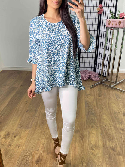 Aneeta Teal Cheetah Print Dip Hem Top