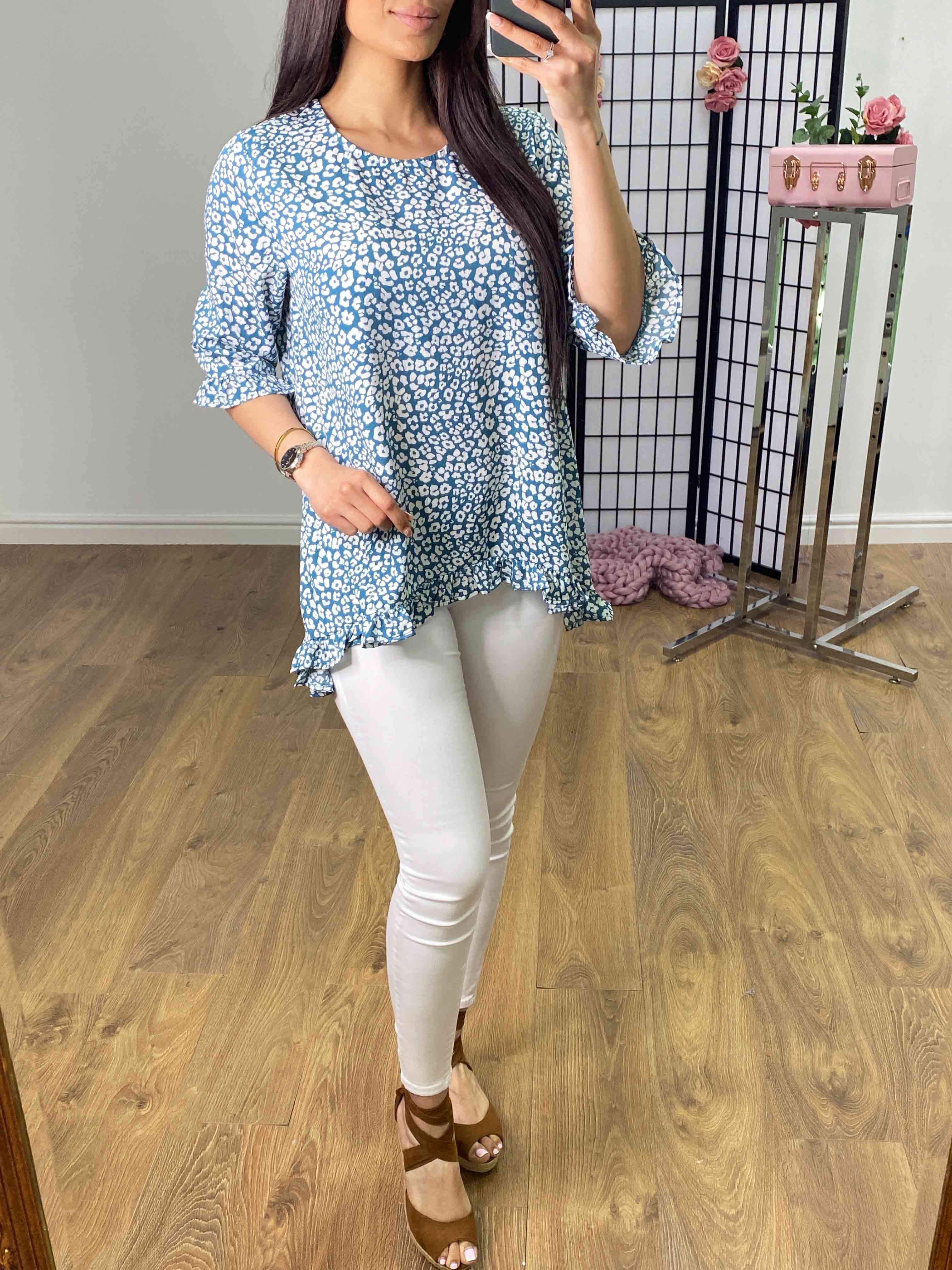 Aneeta Teal Cheetah Print Dip Hem Top