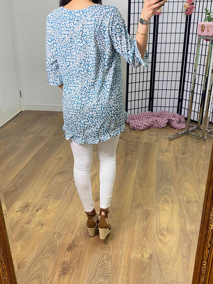 Aneeta Teal Cheetah Print Dip Hem Top