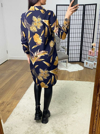 Aretha Navy Peacock Print Shirt Tunic