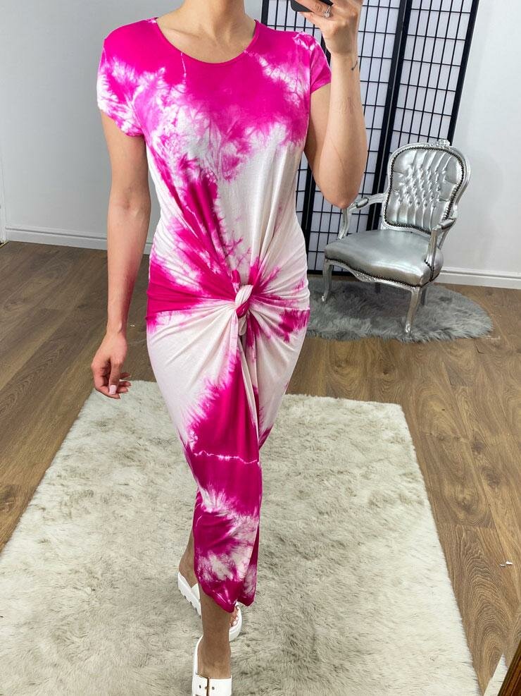 Arlay Tie Dye Drape Knot Super Stretch Midi Dress