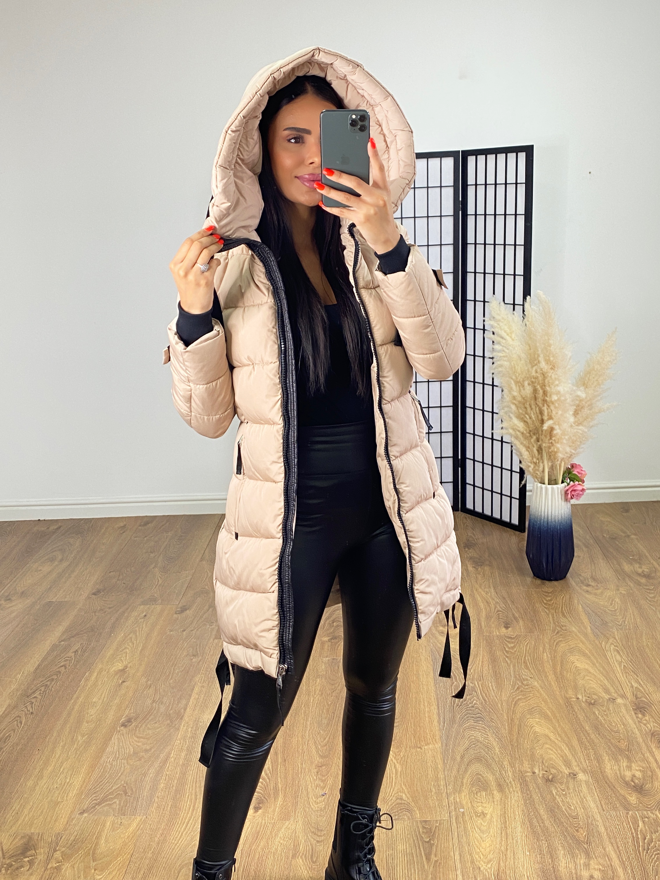 Beige puffer jacket with fur hood sales