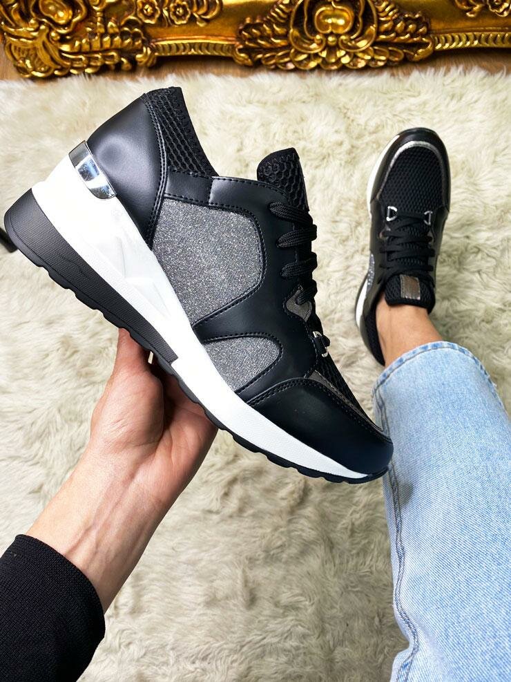 Averly Black Glitter Detailed Hidden Wedge Trainers