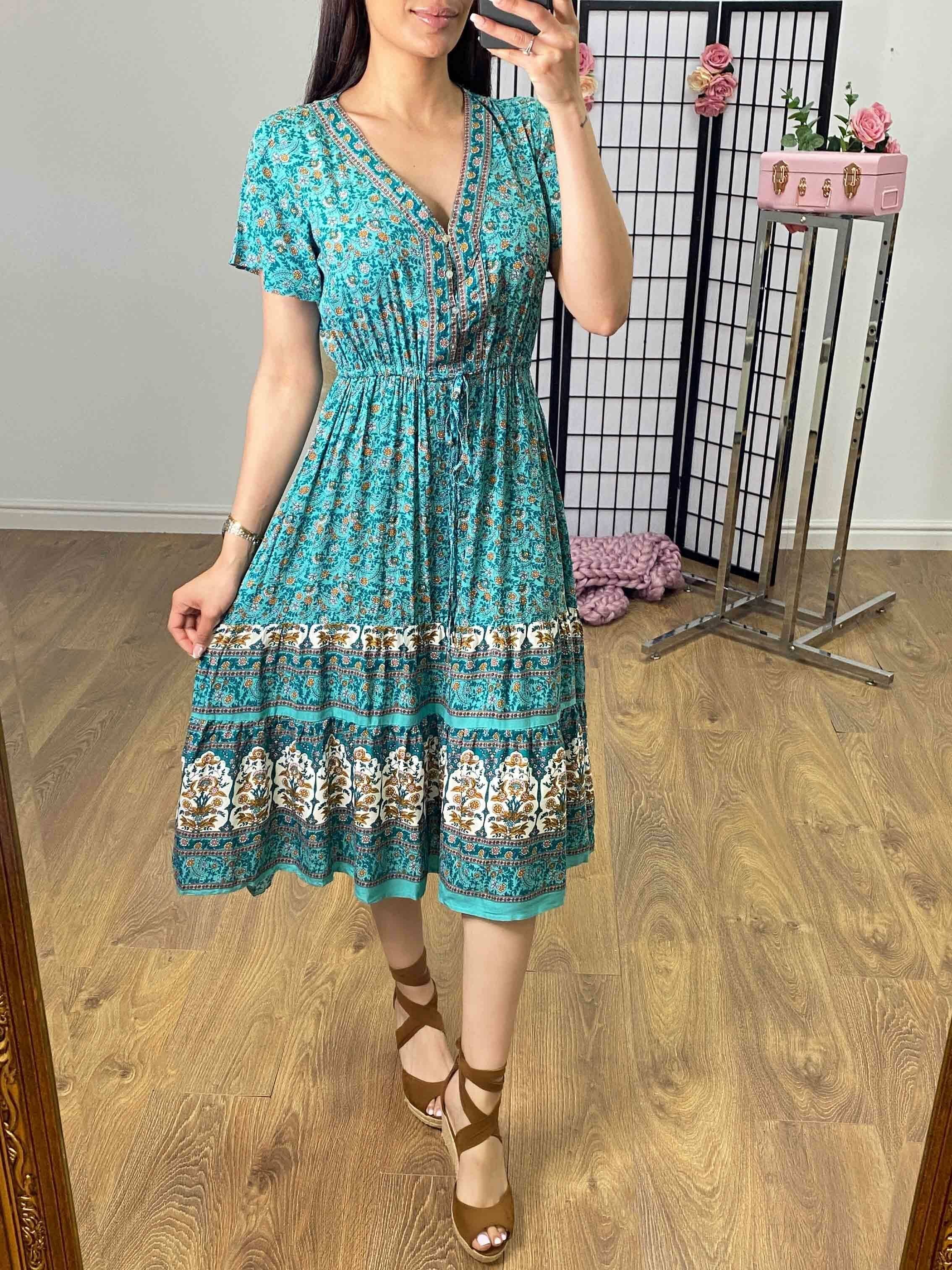 Ayanna Mint Floral Print Smock Dress