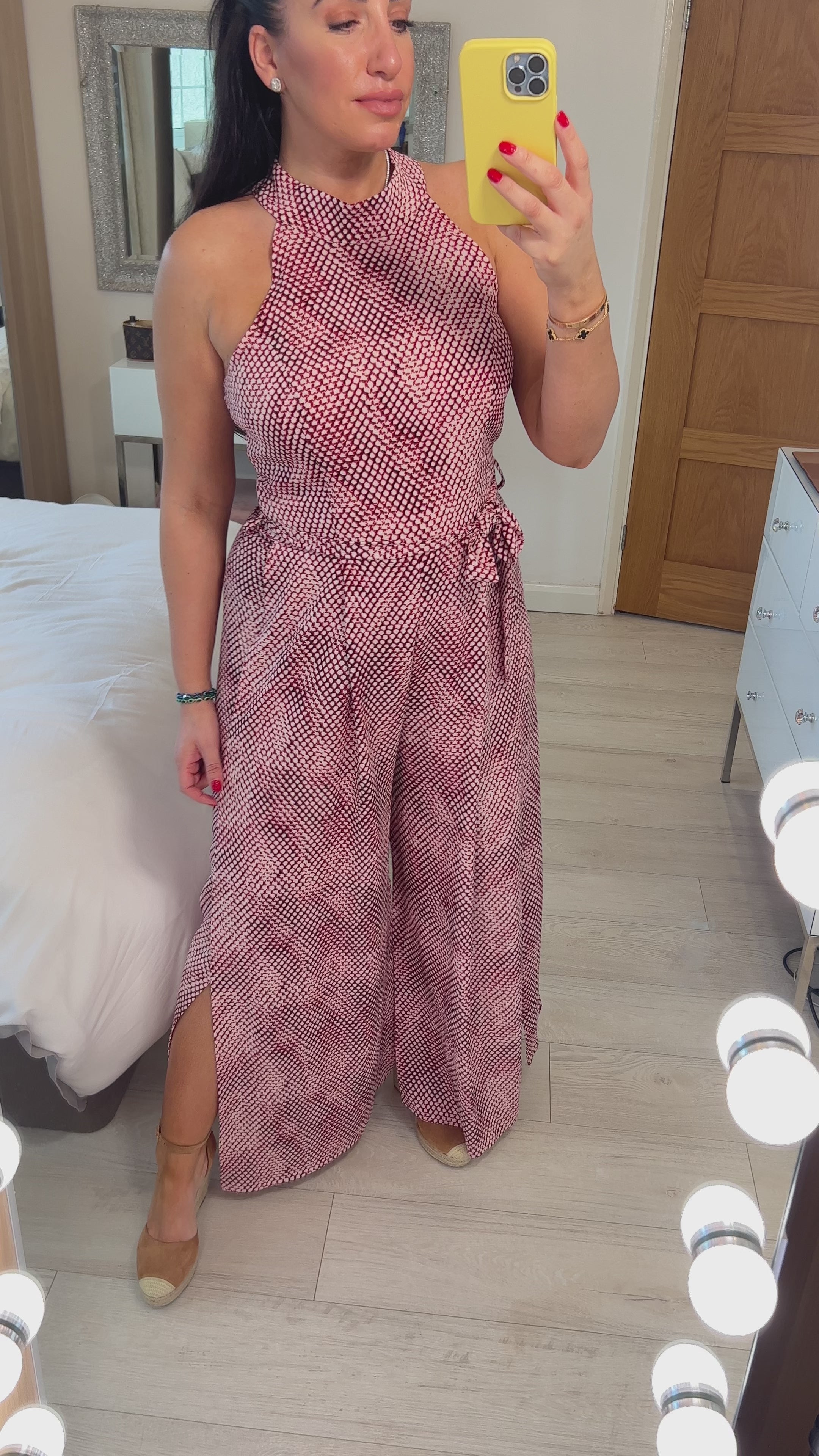 Load video: Carman Wine Mermaid Print Split Leg Jumpsuit