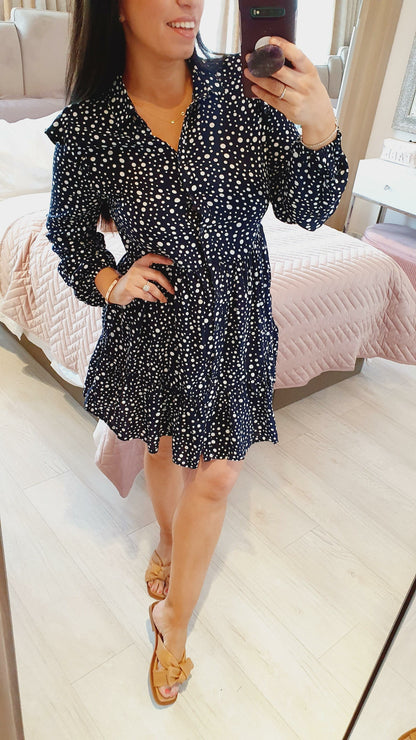 Barley Navy Polka Dot Ruffle Smock Shirt Dress