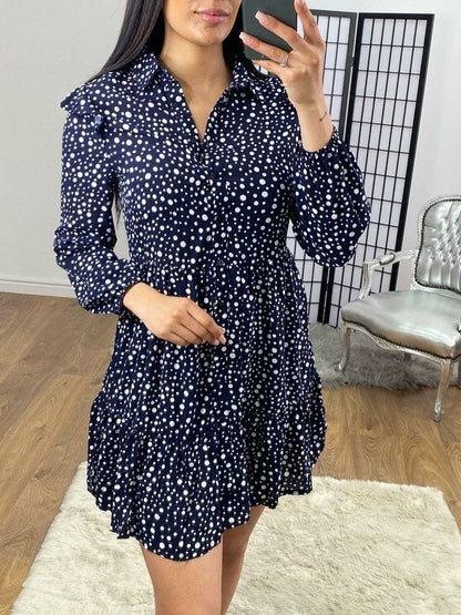 Barley Navy Polka Dot Ruffle Smock Shirt Dress
