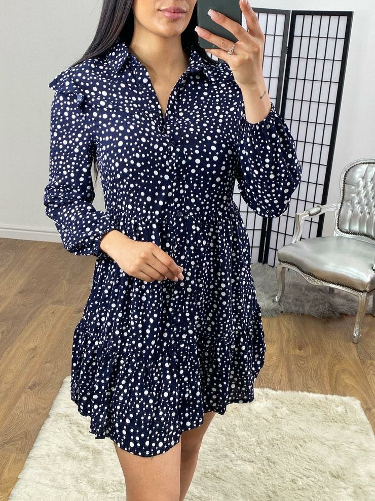 Barley Navy Polka Dot Ruffle Smock Shirt Dress