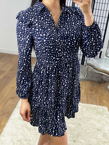 Barley Navy Polka Dot Ruffle Smock Shirt Dress