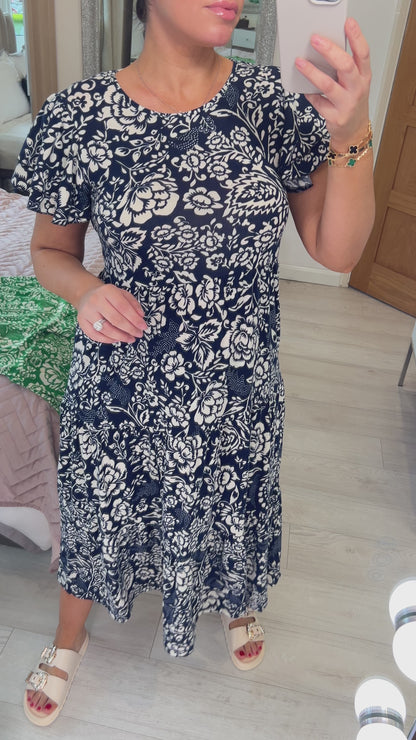 Dale Floral Print Ruffle Sleeve Tiered Midi Dress