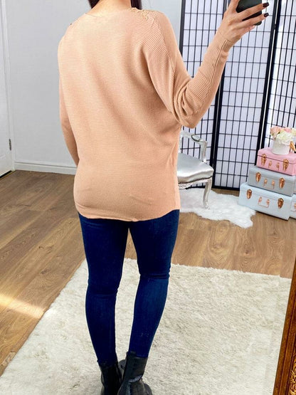 Benny Crochet Detailed Ribbed Batwing Knit Jumper