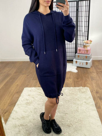 Bexy Plain Pocket Loose Fit Knitted Hooded Jumper Dress