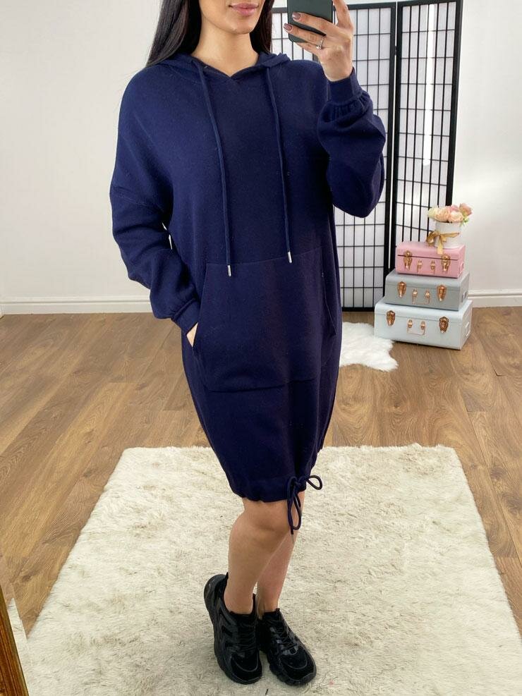 Bexy Plain Pocket Loose Fit Knitted Hooded Jumper Dress