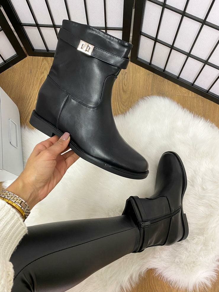 Billie Black Faux Leather Buckle Detail Calf Boots