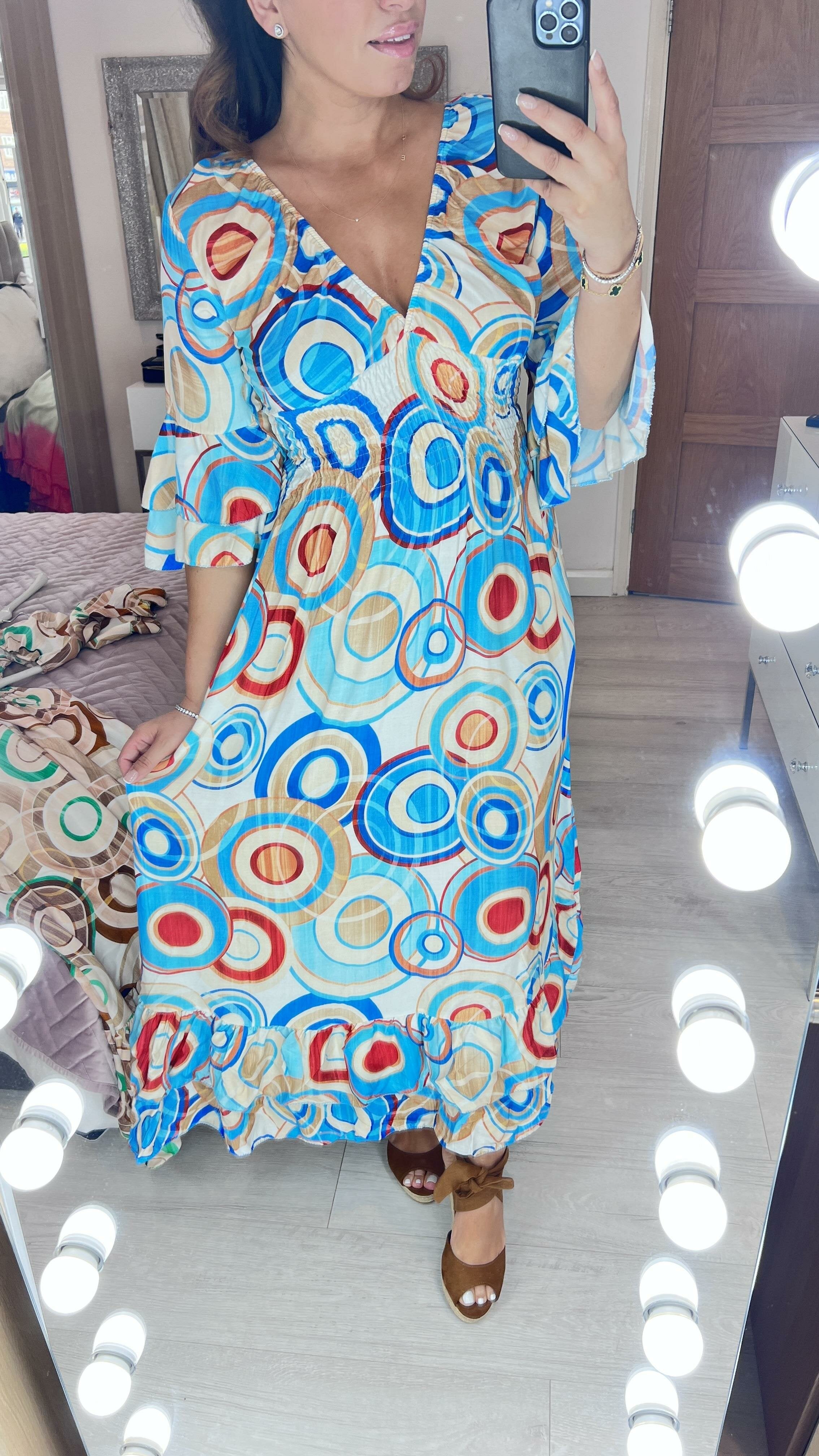 Brava Swirl Print Ruffle Hem Maxi Dress